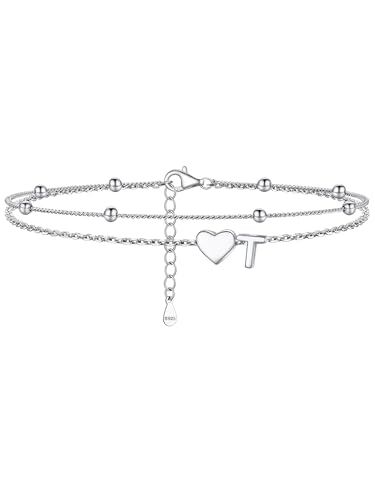 Image of PROSILVER Ankle Bracelets for Women S925 Sterling Silver Anklets for Women Waterproof, Dainty Layered Heart Anklet, Beach Initial Anklet for Summer, Letter A-Z