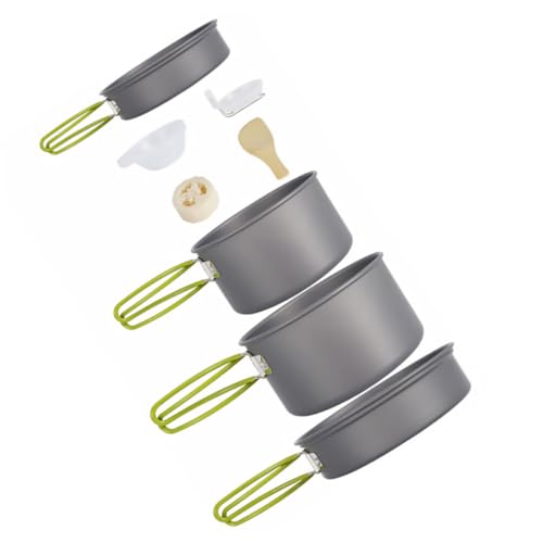 GRIRIW 1 Set Portable Nonstick Picnic Cookware Pan Frying Pan Bowls Soup Spoon Spatula Loofah for Camping Hiking Fishing Activities