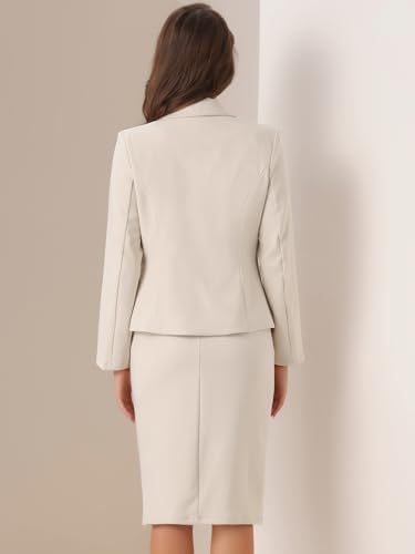 Allegra K Women's Business Skirt Suit Set - Beige 2-Piece Long Sleeve Blazer & Pencil Skirt for Professional Elegance in Size Large - Image 3