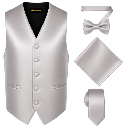 Image of Oliver George 4pc Men's Solid Formal Suit Waistcoat Tuxedo Dress Vest Necktie Bowtie Handkerchief Set for Suit or Tuxedo