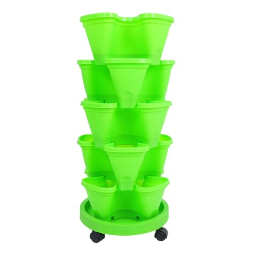 HANABASS Fioriera Impilabile a Torre per Fragole da Esterno Ruote Vaso da Fiori in Plastica Resistente alle Intemperie Set da 6 Vasi Verticali Verdi per Erbe Aromatiche e Giardinaggio