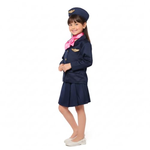 funcora Kids Airline Cabin Crew Uniform Costume Set – Girls Flight Attendant Outfit with Jacket, Skirt, Hat and Scarf, Elegant Aviation Style (458,blue,8-9 Years)