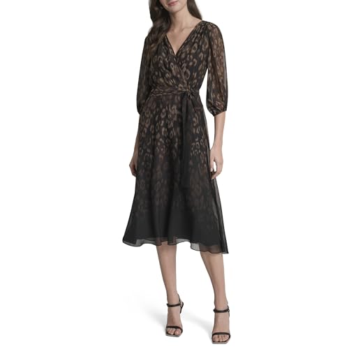 DKNY Women's 3/4 Balloon Sleeve Surplice Neck Faux Wrap Midi Dress with Removable Belt2