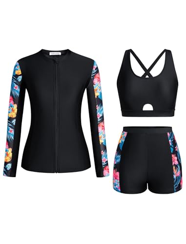 Odizli Swimming Costume Women Top + Tummy Control Swim Shorts Bikini Sets + Long Sleeve Rash Guard Vest Shirts 3 Piece Older Ladies Modest Swimwear Full Body Swimsuit Wetsuit Beachwear Black Red M