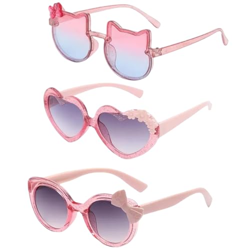 3pcs Girls Heart Sunglasses Cartoon Multiple Shaped Sunglasses Lovely Pink Sunglasses for Kids Party Age 3-102