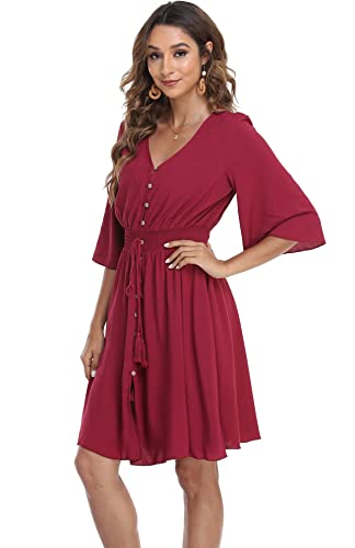 Image of VintageClothing Women's Floral Sundresses Flowy Boho Summer Beach Dress | Lightweight Breathable material,Elegant V Neck and Button Front Design,Flared Bell Sleeve Cut,Mini Casual dress