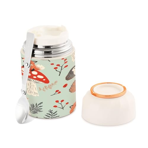 Ewusp Fox Mushroom - Termo de comida para adultos, 500 ml, acero inoxidable, doble pared, aislado al vacío, con cuchara plegable, sin BPA, recipiente de sopa a prueba de fugas