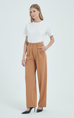 Tronjori Women High Waist Casual Straight Leg Dress Pants Office Work Trousers Suit Pants Back Elastic Waistband thumb #3