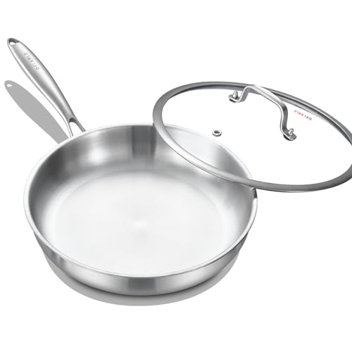 Image of DELARLO Tri-Ply Stainless Steel Frying Pan with Lid, Compatible with All Cooktops Up to 600℉, Heavy Duty, 8 inch Fry Pan with Lid, Fast & Even Heat, 8 inch Skillet, 18/10 Stainless Steel Pan