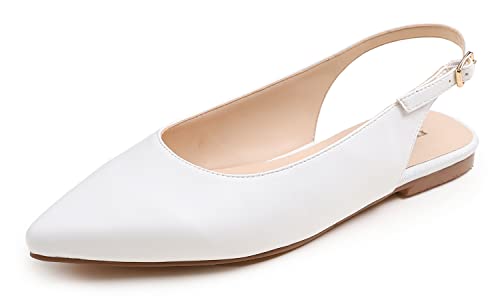FEVERSOLE Pointed Toe Casual Slingback Flat Mules Women's Fashion Buckle Strap Slide Summer Slippers White Vegan Leather Size 8.5 M US
