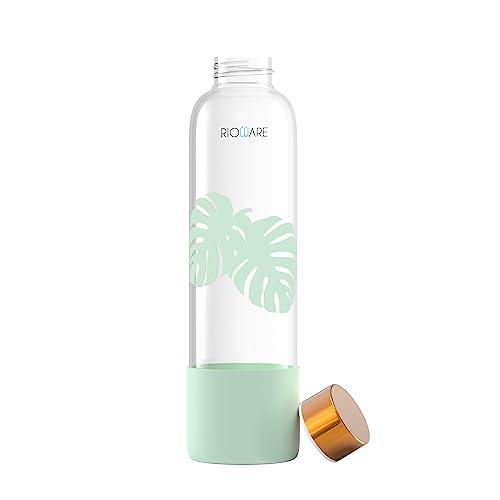 Image of Rioware Purifa Borosilicate Glass Water Bottle With Silicon Sleeve (750Ml) | Airtight Lid | Leak Proof | Golden Cap | Fridge Water Bottles For Home, Office & Gym (Green, 750 Ml- Pack Of 01)