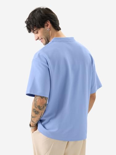 Image of The Souled Store Solids: Pastel Blue Men and Boys Short Sleeves Collared Neck Textured Cotton Blend Oversized Polos