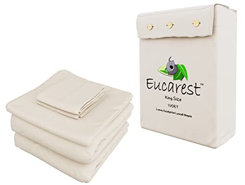 Eucalyptus Lyocell Bed Sheets, Hypoallergenic 100% Organic Tencel, Thermal Regulating And Moisture Wicking For Hot Sleepers, Superior To Bamboo And Cotton. Extra Deep Pockets King Size - Ivory #TOP30