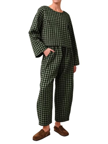 Image of Womens 2 Piece Lounge Sets Cotton Plaid Crop Top High Waisted Baggy Ankle Barrel Pants Gingham Matching Set