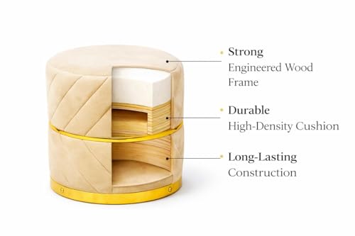 Image of Premium Velvet Puffy Ottoman Stool for Living Room | Round Footrest with Diagonal Channel Stitching & Gold Metal Base | Luxury Pouffe for Bedroom & Dressing Area