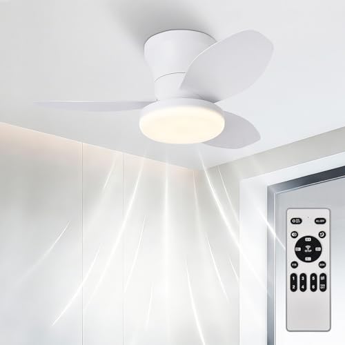 Genérico Ventilador de Techo con Luz y Mando a Distancia, Ø88cm, Función Verano/Invierno (Motor DC Inversa), Silencioso, Altura 20cm para Techos Bajos, 3 Aspas, 3 Colores de Luz, Blanco