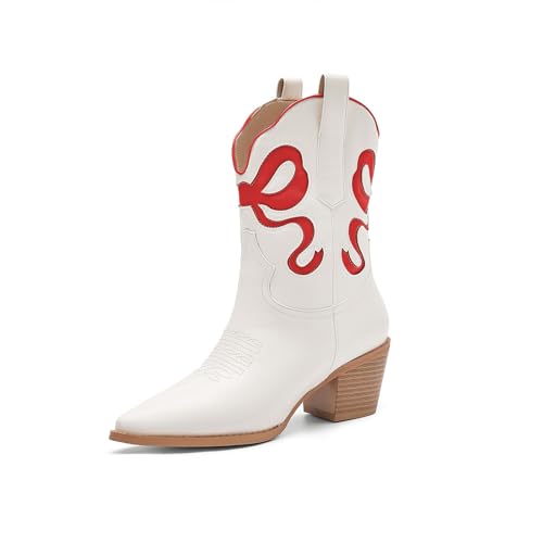Women's White Cowboy Boots with Colorful Bows Embroidered Cowboy Boots Fashion Almond Pointed Toe Chunky Heel Short Boots2