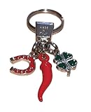 PRESTIGE & DELUXE Talismán amuleto de la suerte de 6 cm con cuerno rojo, herradura y trébol de cuatro hojas esmaltados a mano – Llavero fabricado en Italia niquelado – Idea regalo suerte y protección