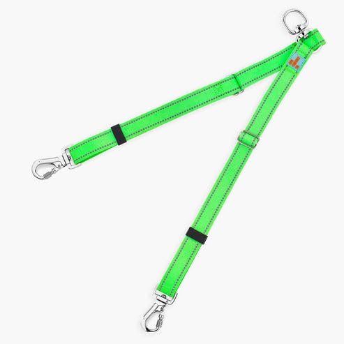 DF Co. - Divisor de correa | Pasea a dos perros con control completo, giro de 360°, sin enredos, longitud ajustable, correas reflectantes, clips resistentes (verde neón)