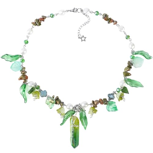 MOSTORY Green Woodland Fairy Necklace - Crystal Renaissance Necklace for Fairy Accessories Women, Forest Fantasy Choker for Fairycore Jewelry Renfaire Outfit Cosplay