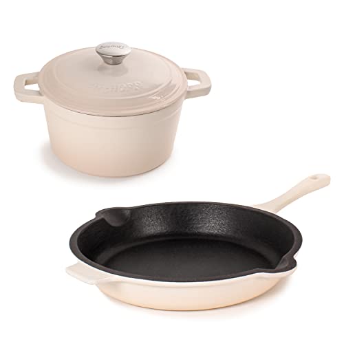 BergHOFF 3Pc Neo Enameled Cast Iron Cookware Set, 3qt. Dutch Oven, Matching Lid, Fry Pan 10 Inches, Oven Safe Up To 400°F, Meringue