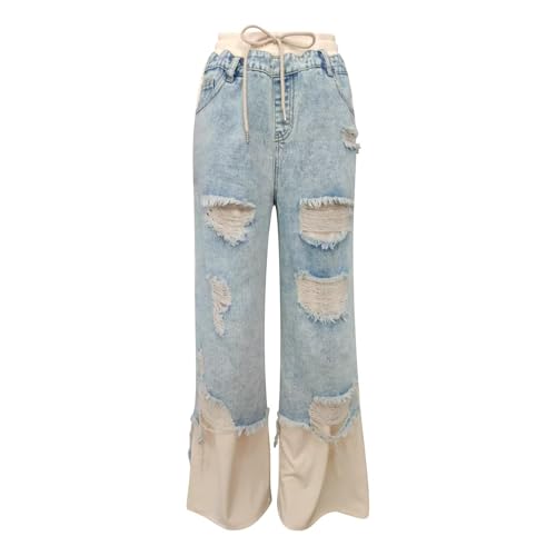 Womens Baggy Patchwork Jeans Wide Leg Drawstring Elastic Waist Ripped Y2k Stretchy Denim Pants Sweatpants Streetwear2