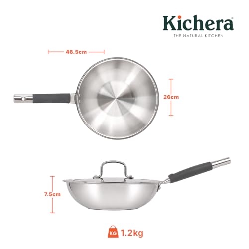 Image of Kichera Triply Stainless Steel Wok Pan 24cm (2.8L) - Heavy Duty, Naturally Non-Stick Kadhai with Riveted Handle | Induction & Gas Compatible | 100% Food Safe, Rust-Free & Durable Cookware