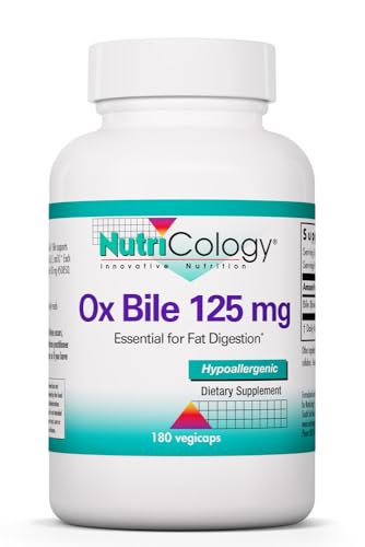 Nutricology Ox Bile 125 mg - Supports Fat Digestion - Delivers 125 mg Concentrated Bile Salts per Serving - Hypoallergenic & Vegetarian - 180 Servings - 180 Capsules