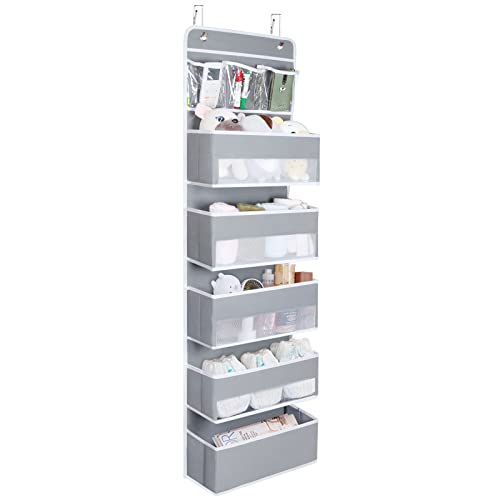 Image of Univivi Over Door Hanging Organizer Storage with 5 Large Pockets and 3 Small PVC Pockets for Cosmetics Wall Hanging Storage Organizer for Pantry Baby Nursery Bathroom Closet Dorm, (Grey)