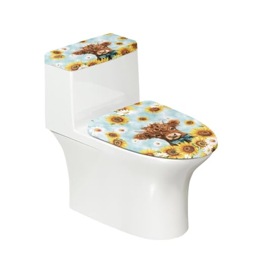 KUIFORTI Highland Cattle Toilet Cover for Bathroom Sunflower Toilet Seat Cover Set 2 Pack Holiday Tank Lid Cover Universal with Elastic Bottom, Easy to Clean