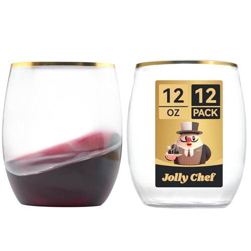 JOLLY CHEF 12 Pack 12oz Gold Plastic Wine Glasses Stemless, Gold Disposable Wine Cups, Premium...