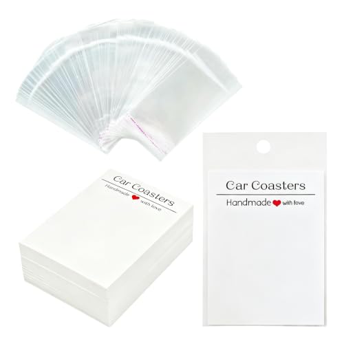 50 Set 3.94x2.87 Inch Car Coaster Display Cards with Plastic Bags Blank Sublimation Blanks Packaging for Customized Drink Coasters Jewelry Gift Presentation(Excluding Coasters)