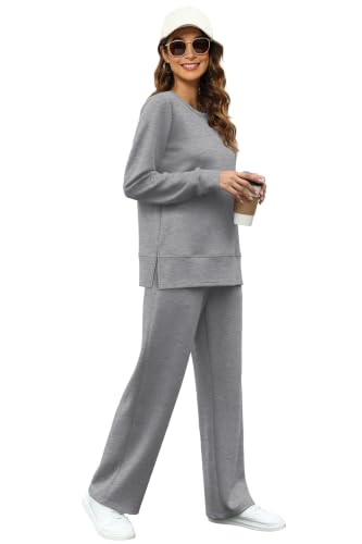 Image of OFEEFAN Women's 2 Piece Lounge Set Travel Airport Outfits Side Slit Tracksuit Wide Leg Loungewear Baggy Comfy Sweatsuit S-3XL