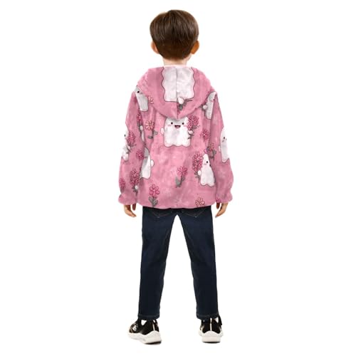 Cute Ghosts with Pink Flowers Toddler Fleece Jacket Girl Boys Hooded Fleece Jacket Coat Warm Outwear Zip-up 3-10T4