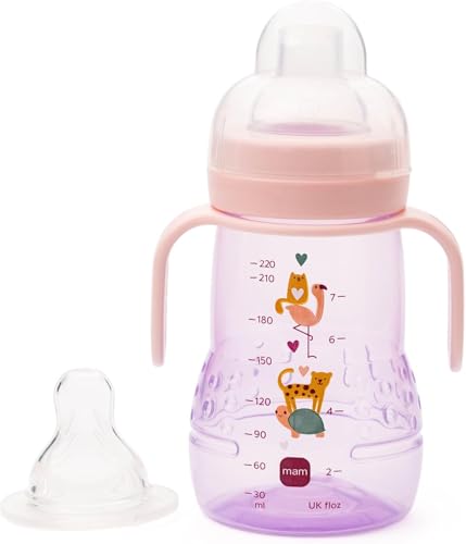 MAM Trainer+ Baby Bottle | 1 Pack (1 x 220ml) | Suitable from 4+ Months for Independent Drinking | Comes with Free Fast Flow MAM Teat Size 3 | Spill-Free | Pink (Various Designs)