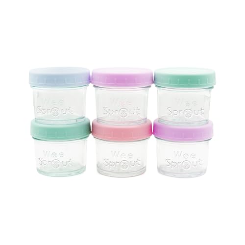 Image of WeeSprout Baby Food Storage Glass Jars w /Lids (4 oz, 6 Pack) Pastel Variety, Snack, Reusable Small Containers, Fridge or Freezer, Microwave & Dishwasher Safe, Essentials for Infants