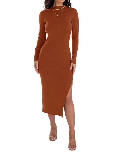 Image of ZESICA Women's 2026 Ribbed Knit Dress Long Sleeve Mock Neck Slim Fit Side Slit Fall Elegant Sweater Dresses