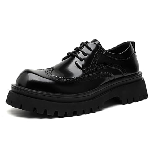 Men's Vintage Patent Leather Oxfords, Stylish Platform Lace - Up Brogues with Round Toe for Casual & Fashion - Forward Looks