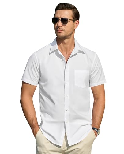 DEMEANOR Mens Short Sleeve Dress Shirts Cotton Solid Casual Summer Wedding Button Down Shirt with Pocket3