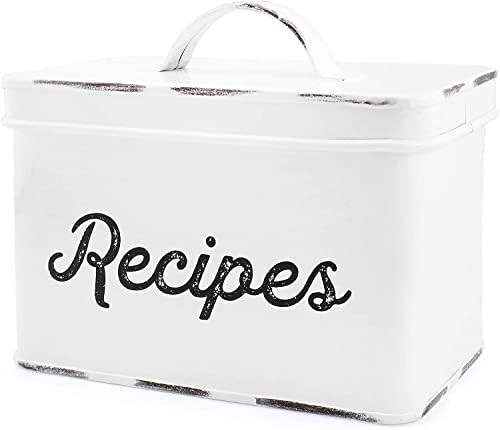 AuldHome Rustic White Recipe Box; Enamel Farmhouse Recipe Holder and Organizer for 4 x 6 Inch Recipe Cards