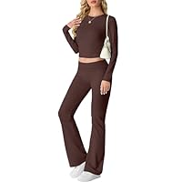 IWOLLENCE Hausanzug Damen Jogginganzug Set Lounge Set 2 Teiler Sportanzug Damen Y2K Outfit Homewear mit Crop Top und Schlaghosen (Dunkelbraun, S)
