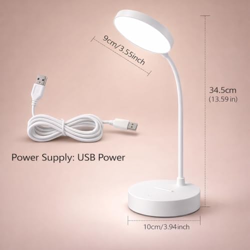 Image of One94Store LED Desk Lamp with Touch Sensor On /Off, USB Rechargeable Study Light, 3 Brightness Modes, 360 Adjustable Arm, Phone Holder, Night Light for Students, Dorm & Office (White)