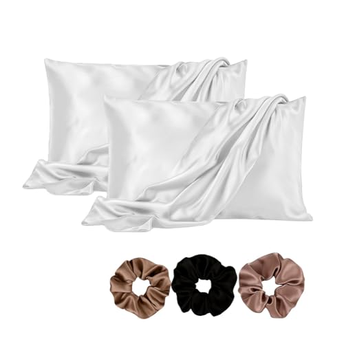 Image of Satin Pillow Covers Set of 2 - Soft & Smooth Pillowcases for Hair & Skin Care | Envelope Closure | Includes 3 Free Random Color Scrunchies | Frizz-Free Sleep Essentials (White)