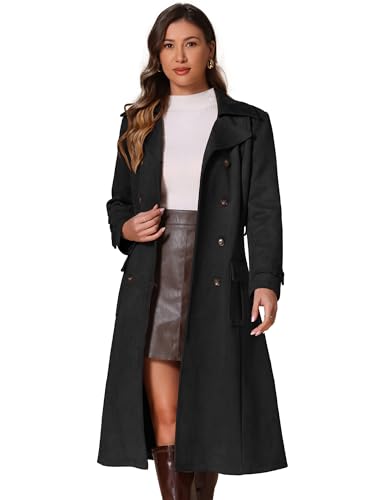 Allegra K Trench Coat Femme en Faux Suède à Revers Cranté Blouson Long à Double Boutonnage avec Ceinture Manteau Faux Cuir à Manches Longues Noir L