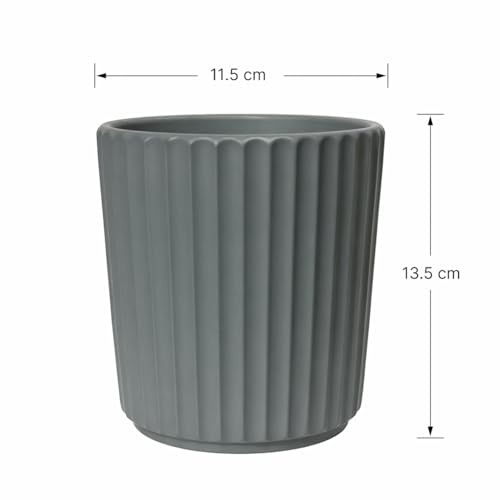 Image of Xtore Sleek Ribbed Ceramic Planter Pot for Indoor Plants | Contemporary Minimal Flower Pot for Home, Office Desk & Balcony Decor (Matte Grey - Planter only)