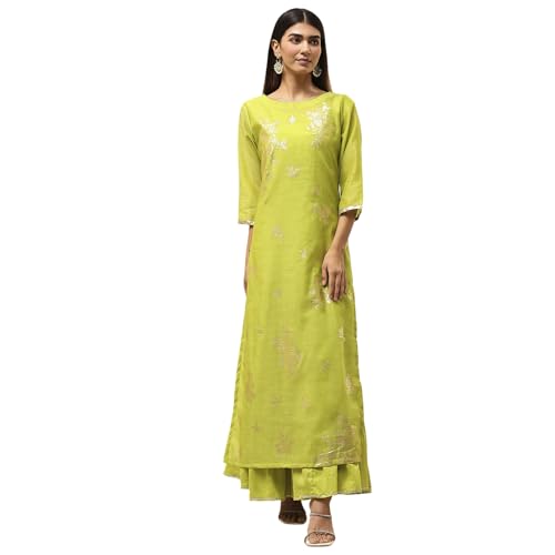 Image of Biba Women's Poly Chanderi 3 /4 Sleeves Calf Length Round Neck A-Line Casual Dress