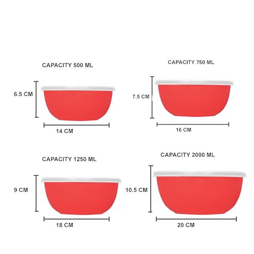 Image of Microwave Safe Stainless Steel Food Storage Container with Lid | Euro Mixing Bowl Set for Kitchen | 500ml, 750ml, 1250ml, 2000ml | Pack of 4 (Red Plain 4)