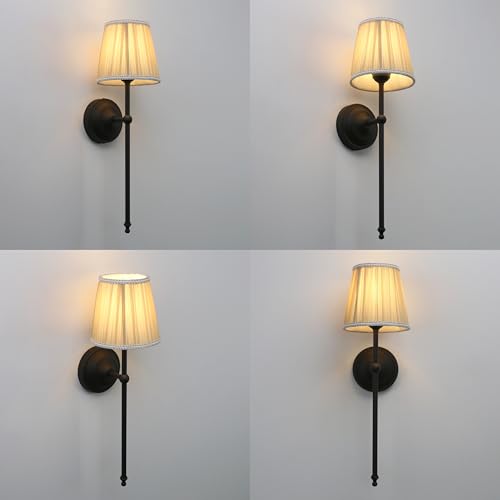 Image of Phansthy Hardwired Brass Boho Wall Sconces Set of 2, Vintage Industrial Wall Lights 2 Pack, Vanity Light Wall Lamps with Lace Gauze Shade for Bedroom Living Room Hallway Decor (Black + Khaki Shade)