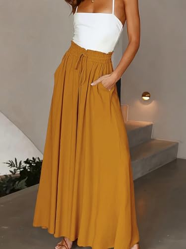Womens Classic Casual Pants Solid Color Wide Leg Loose Pants With Ruffle Trim And Waist Tie4