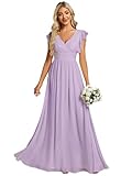 Ever-Pretty Women's Elegant Long Bridesmaid Wedding Guest Dress Chiffon A-Line Ruffles Sleeve Frosted Lilac 10